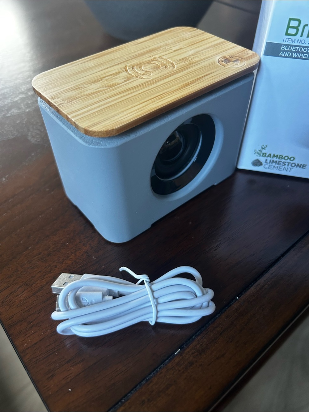 Bluetooth Speaker with Wireless Charger - Gray with Bamboo Wood Top
